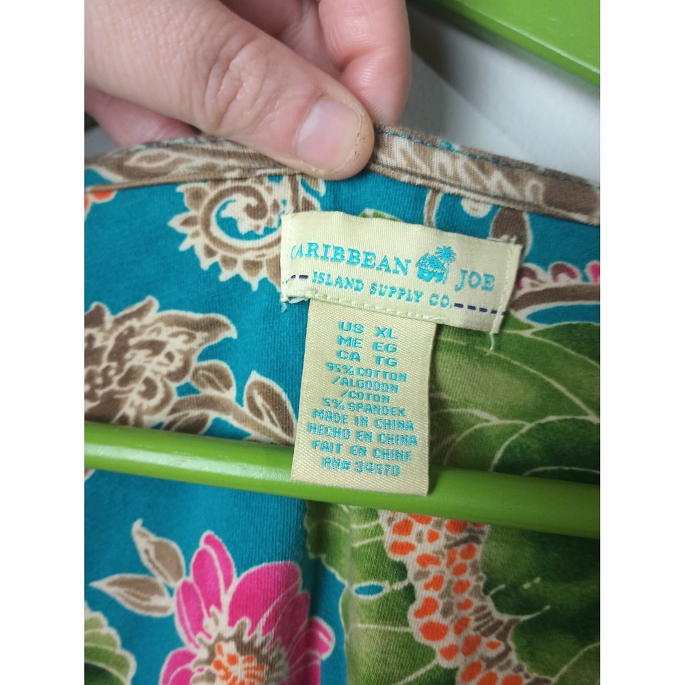 Caribbean Joe Womens XL Floral Tropical V-Neck 3/4 Sleeve Top Lattice Detail - Picture 4 of 5
